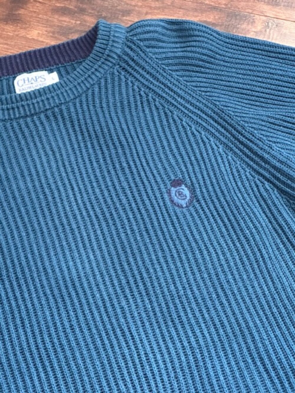 Vintage Chaps Ralph Lauren Teal Ribbed Raglan Knit Sweater Large Cotton Crest - Picture 3 of 13